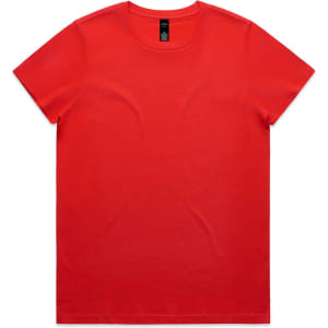 A red t-shirt with a round neckline and short sleeves, featuring a logo on the label.