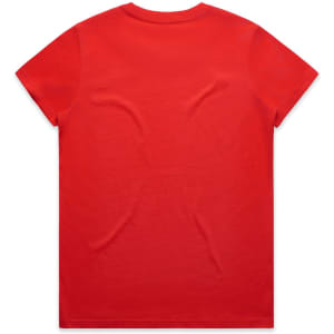 A red T-shirt with a round neckline and short sleeves, featuring a logo on the back.