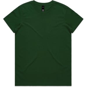 A green T-shirt with a crew neck and short sleeves, featuring a logo on the inner label.