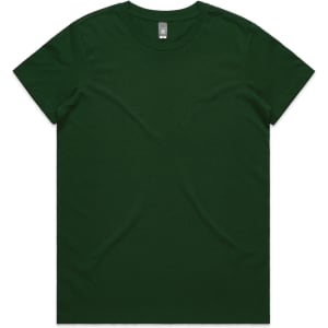A green T-shirt with a crew neck and short sleeves, featuring a small logo.