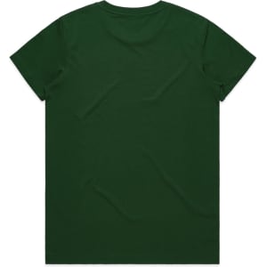 A green t-shirt with a crew neckline and short sleeves, featuring a logo on the back.