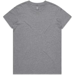 A grey T-shirt featuring a classic crew neck design. It has a simple logo on the label.