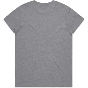 A grey T-shirt with a rounded neckline and short sleeves, featuring a logo on the back.