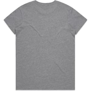 A grey t-shirt with short sleeves and a plain back, featuring a logo.