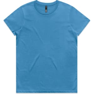 A blue t-shirt with a crew neck and short sleeves, featuring a branding label.