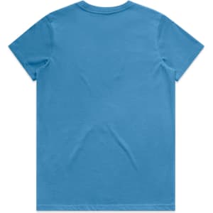 A blue t-shirt with a plain back, featuring a logo. Suitable for casual wear.