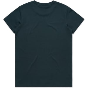 A plain dark green t-shirt with a standard crew neckline and short sleeves, featuring a logo on the back.