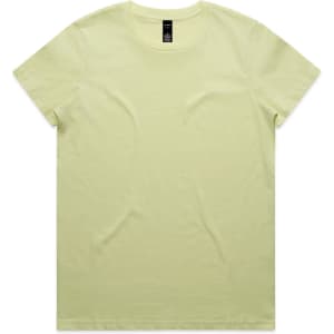 A light yellow T-shirt with a round neckline and short sleeves, featuring a branding label.