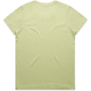 A light green T-shirt with a round neckline and short sleeves, featuring a logo.