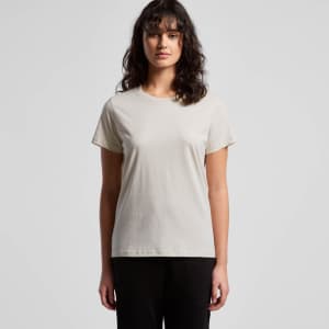 A light-coloured t-shirt with a classic crew neck and short sleeves, featuring a logo on the front.