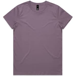 A purple t-shirt featuring a crew neck design and a label on the inside neckline.