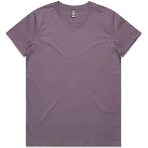 A purple T-shirt with a round neckline and short sleeves, featuring a logo on the tag.