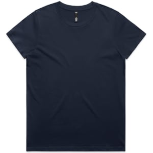 A navy blue t-shirt featuring a round neckline and short sleeves, with a logo on the inside label.