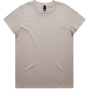 A light beige T-shirt featuring a round neckline and short sleeves, with a logo on the tag.