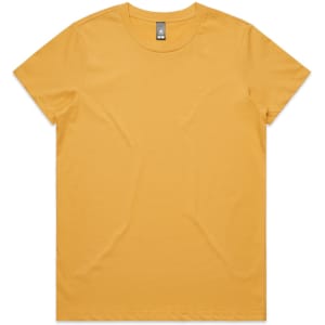 A yellow t-shirt featuring a crew neck design and a logo.