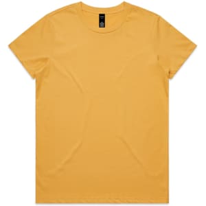 A plain yellow T-shirt with a round neckline and short sleeves, featuring a logo on the tag inside.