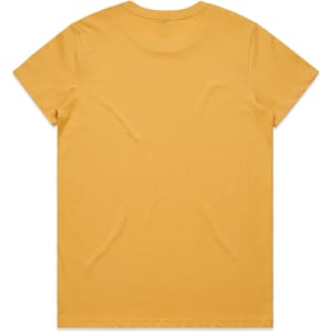 A yellow T-shirt with a plain back and a logo on the neckline.