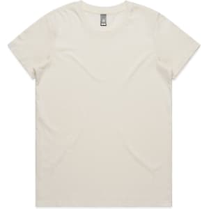 A plain cream-coloured T-shirt with a round neckline and short sleeves, featuring a label inside.