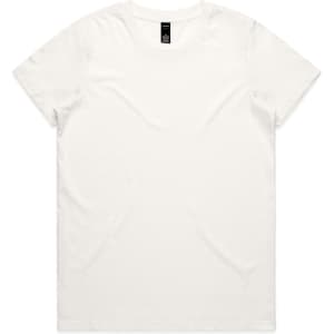 A plain white T-shirt with a round neckline and short sleeves. The shirt features a logo on the label.