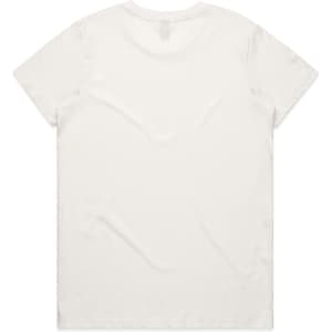 A plain white T-shirt featuring a simple design and a logo on the back.
