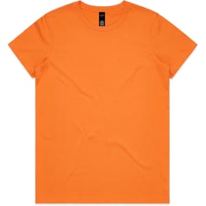 An orange T-shirt with a round neckline and short sleeves, featuring a logo on the tag.