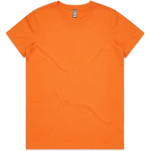 An orange T-shirt with a round neckline and short sleeves, featuring a logo on the label.