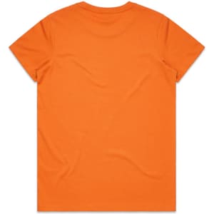 An orange T-shirt with a plain back, featuring a logo on the label.
