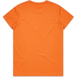 An orange T-shirt displayed flat, featuring a standard crew neck and short sleeves. The back is plain with no design.