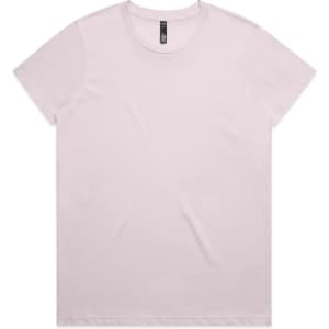 A light pink t-shirt featuring a simple design and a logo on the label.