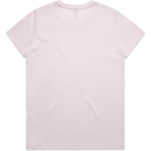 A plain light pink T-shirt with a round neckline and short sleeves, featuring a logo on the back.