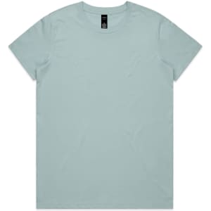 A light mint green t-shirt with a classic crew neckline and a tag on the inside collar.