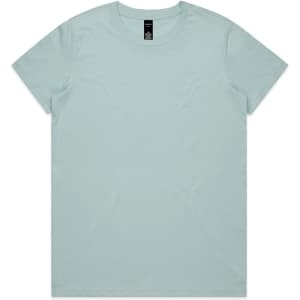 A light blue T-shirt displayed flat, featuring a round neckline and a tag at the collar, with a plain design.