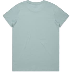 A light blue T-shirt with a crew neck and short sleeves, featuring a branding logo.