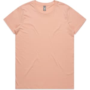 A light pink t-shirt with a round neckline and short sleeves, featuring a branding logo on the label.