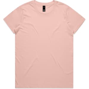 A light pink t-shirt with a round neck and short sleeves, featuring a logo at the tag.