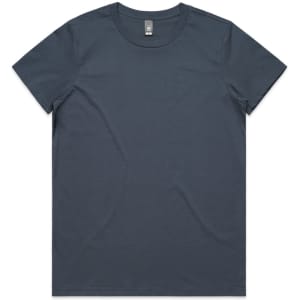 A dark teal t-shirt with a round neckline and short sleeves, featuring a branding logo.