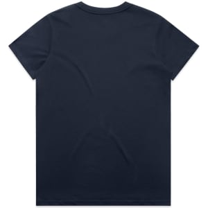 A navy blue T-shirt with a simple design and a logo. The back view shows a smooth, plain surface.