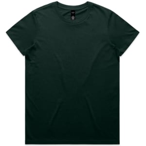 A dark green T-shirt with a crew neckline and short sleeves, featuring a logo on the neck label.