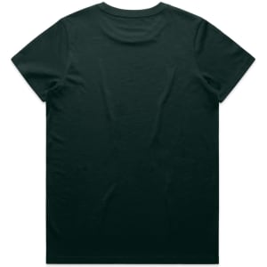 A green t-shirt displayed from the back, featuring a plain design and a logo on the neck.