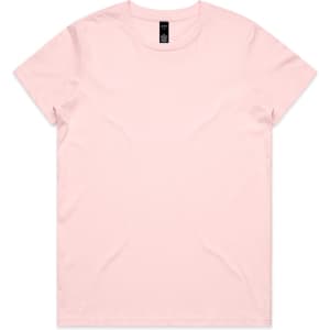 A pink t-shirt with a crew neck and short sleeves, featuring a brand logo on the label.