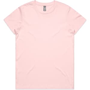 A pink t-shirt with a classic crew neckline and short sleeves, featuring a branding label.