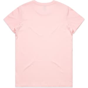 A pink T-shirt with a simple round neckline and short sleeves, featuring a logo on the back.