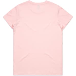 A light pink T-shirt featuring a simple design and a branding logo on the back.