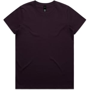 A dark purple t-shirt with a classic crew neck and a logo at the neckline.