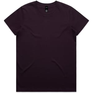 A dark purple t-shirt featuring a crew neck and short sleeves, with a branding label inside.