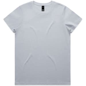 A light grey T-shirt with a round neckline and short sleeves, featuring a logo on the label.