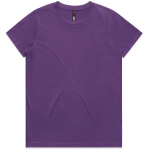 A purple t-shirt with a round neck and short sleeves, featuring a logo on the interior label.