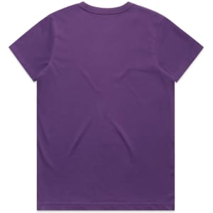 A purple t-shirt featuring a classic crew neck design. The garment has a smooth texture and short sleeves.