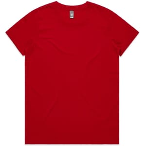 A red t-shirt featuring a simple, classic design and a crew neckline. It has a logo on the label.