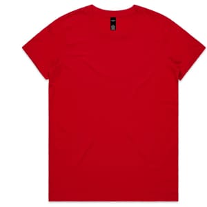 A red t-shirt featuring a simple crew neck design and a branding label at the neckline.